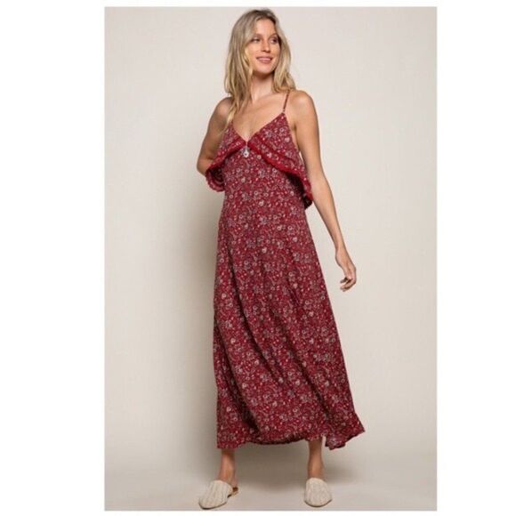 𝅺floral Ruffle Maxi Dress Featuring Red Base Print - Picture 10 of 16